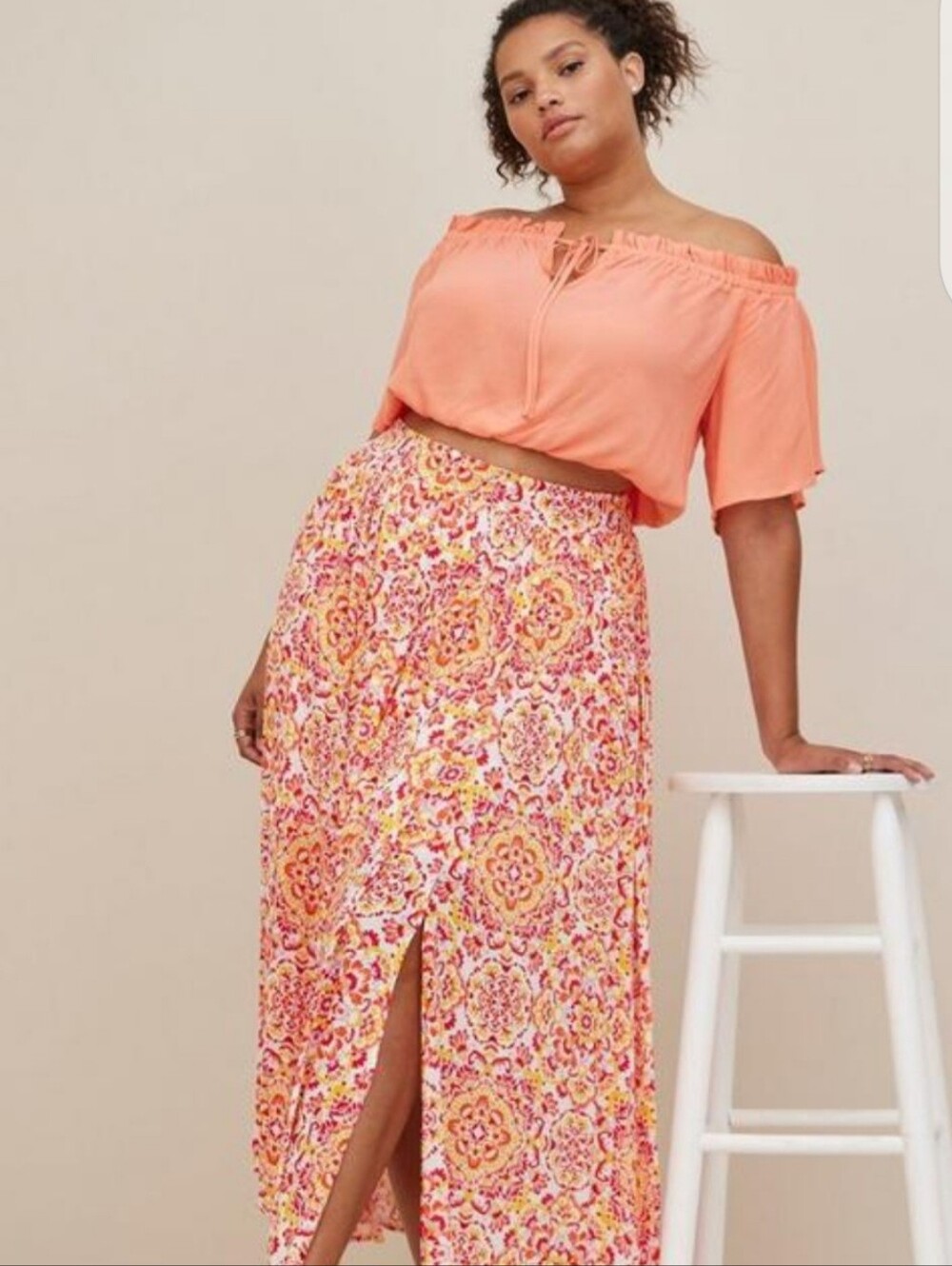 torrid Coral Pink Off Shoulder Crop Top Floral Print Maxi Skirt Set